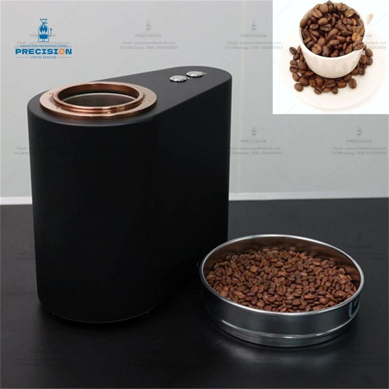 Tornatore di caffè compatto con una capacità di 200 g, potenza di fuoco di 1900 kcal e tazza di raffreddamento in oro rosa.